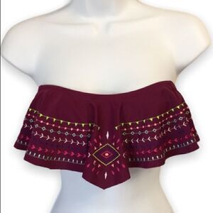 ARIZONA Jeans Ruffled Bandeau Bikini Top Embroidered Aztec Maroon Medium